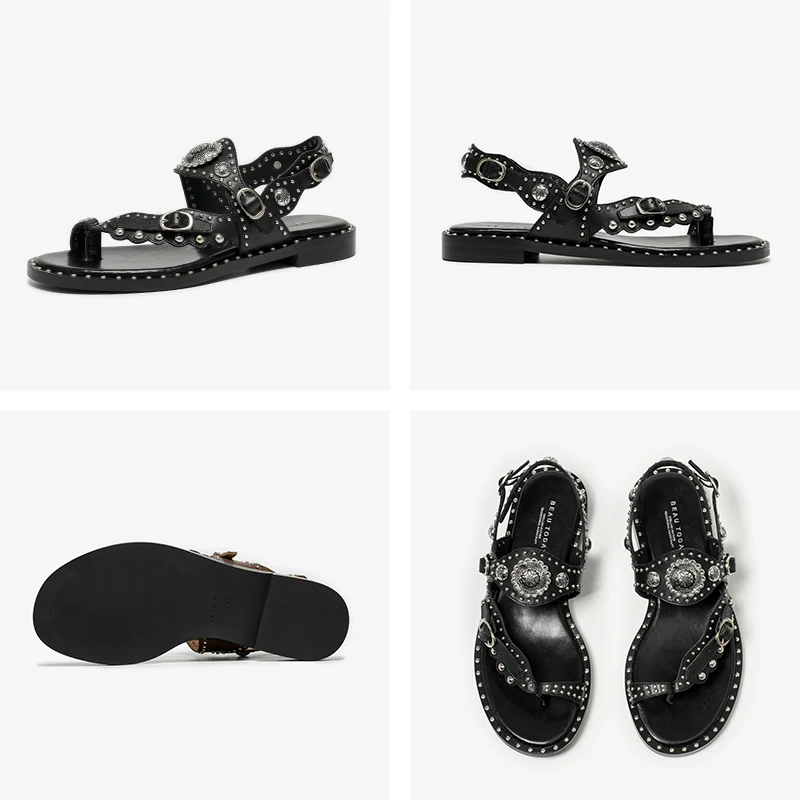 Women's Leather Gladiator Sandals with Floral Metal Detail