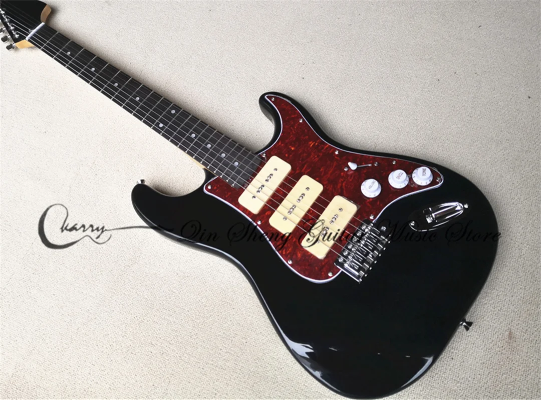 Custom  6 string Electric Guitar,  black Stra guitar,P90 pickups,fixed bridge, red pearl shell pickguard,rosewood fingerboad