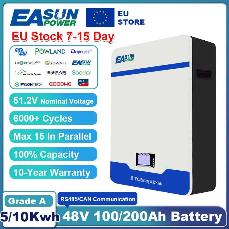 EASUN 48V 100AH 200AH LiFePO4 pacco batteria 51.2V 5KWH 10KWH batteria al litio grado A 6000 + cicli energia solare al litio EU STOCK