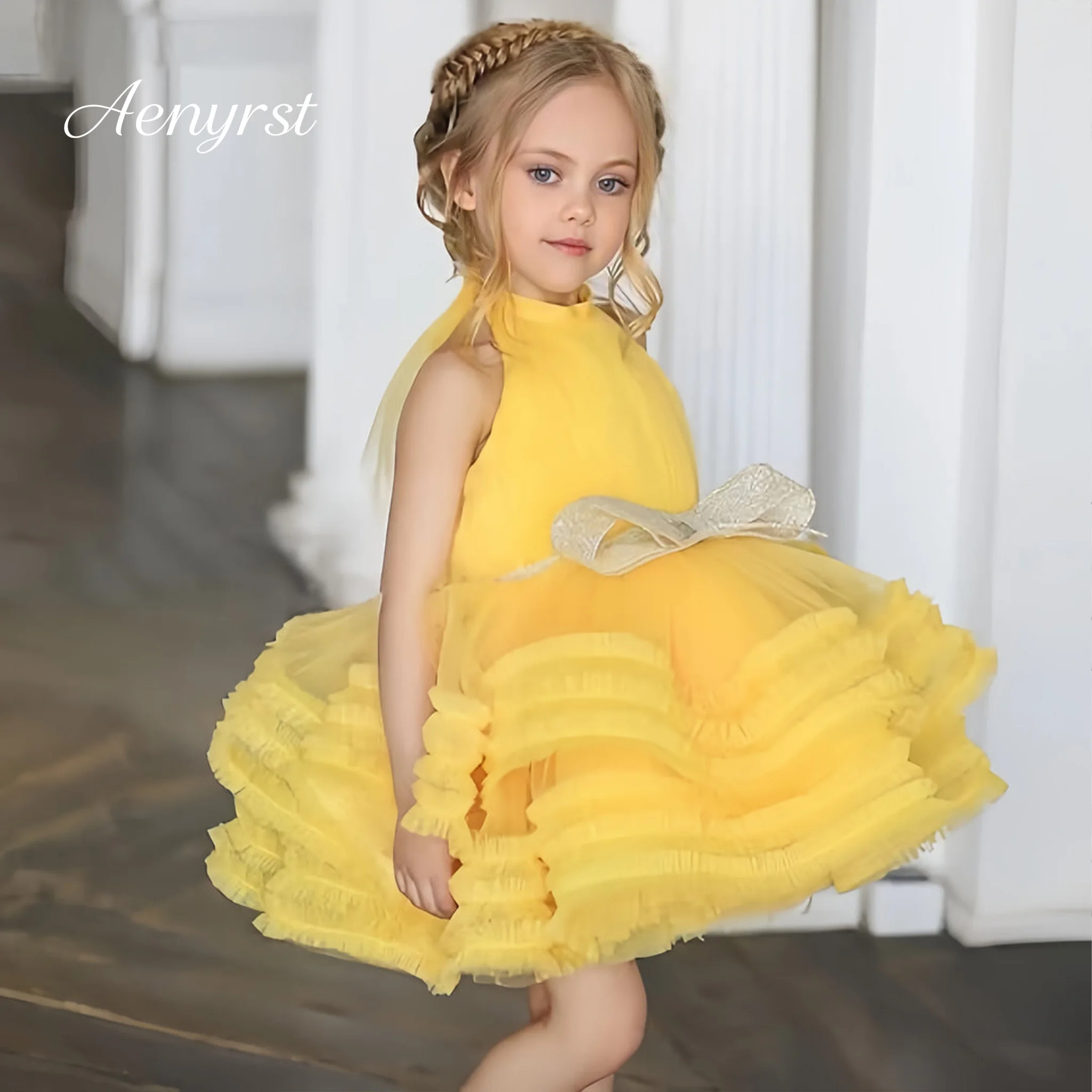 Girls Yellow Halter Neck Tulle Flower Girl Dress Multi‑Layer Ruffle Bow Sash Kids Birthday Wedding Party Photoshoot Gown Custom