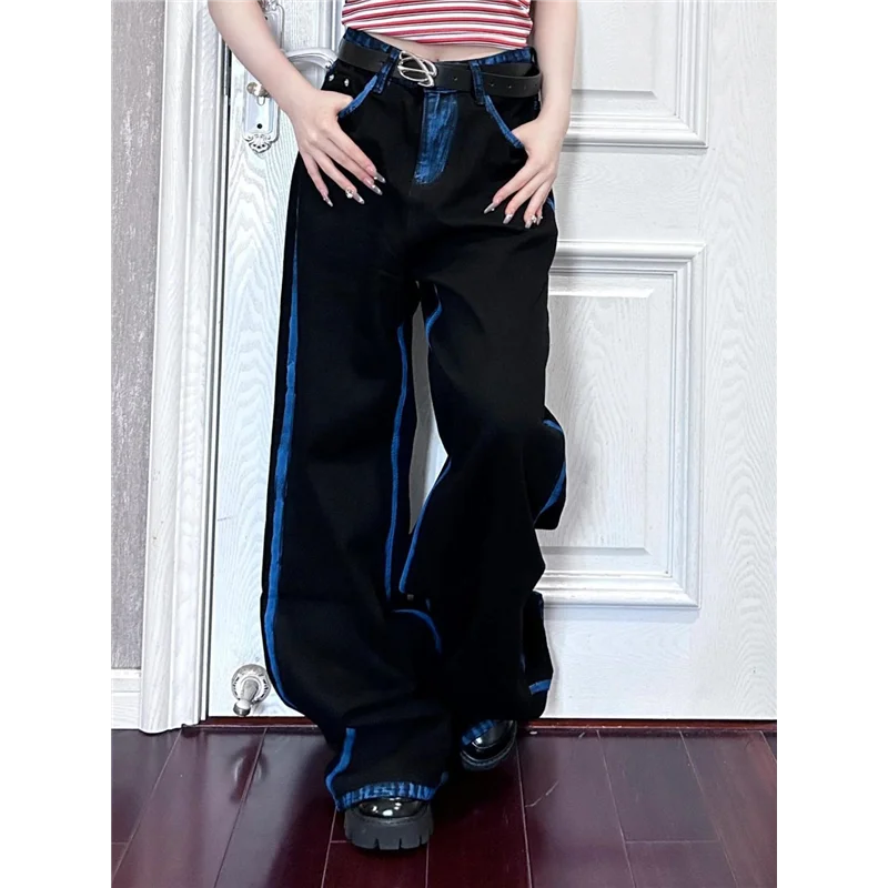 กางเกงยีนส์เอวสูงทรงขากว้างสำหรับผู้หญิง สไตล์ลำลอง ใส่สบาย ทรงตรง ยาวคลุมเท้า ดีไซน์แบบอเมริกัน สไตล์ไฮสตรีท สำหรับฤดูใบไม้ผลิและฤดูใบไม้ร่วง