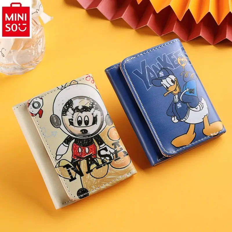 MINISO Disney Cartoon Mickey Donald Duck Wallet Women's Short Three Fold Wallet Card Bag Simple and Cute Anime Creative Wallet