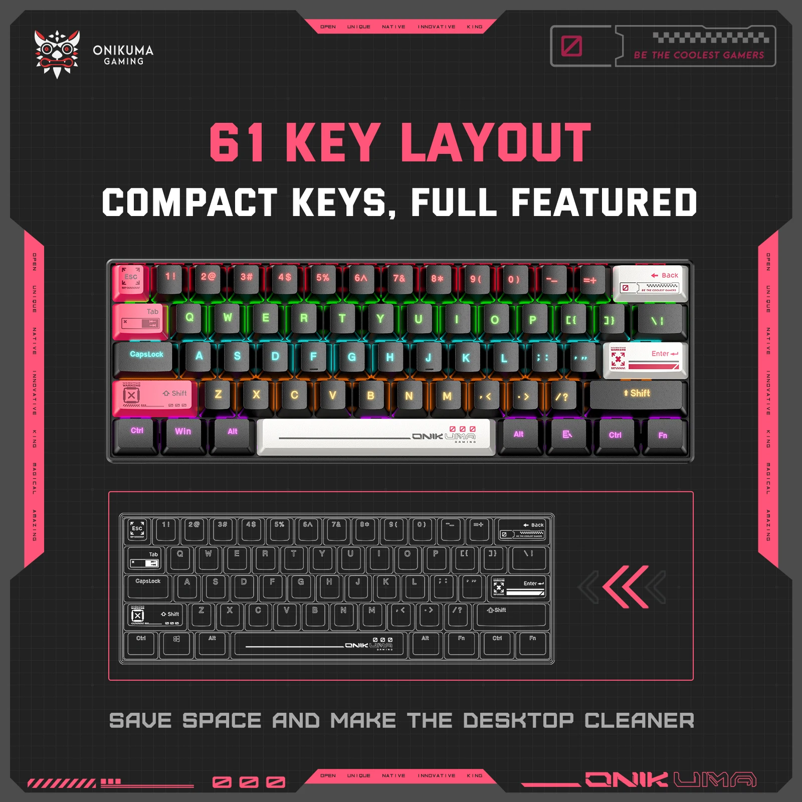 ONIKUMA  Professional Portable Wired Gaming Keyboard with RGB Backlit 61 Keys Mechanical Keyboards Matte Key Caps For PC