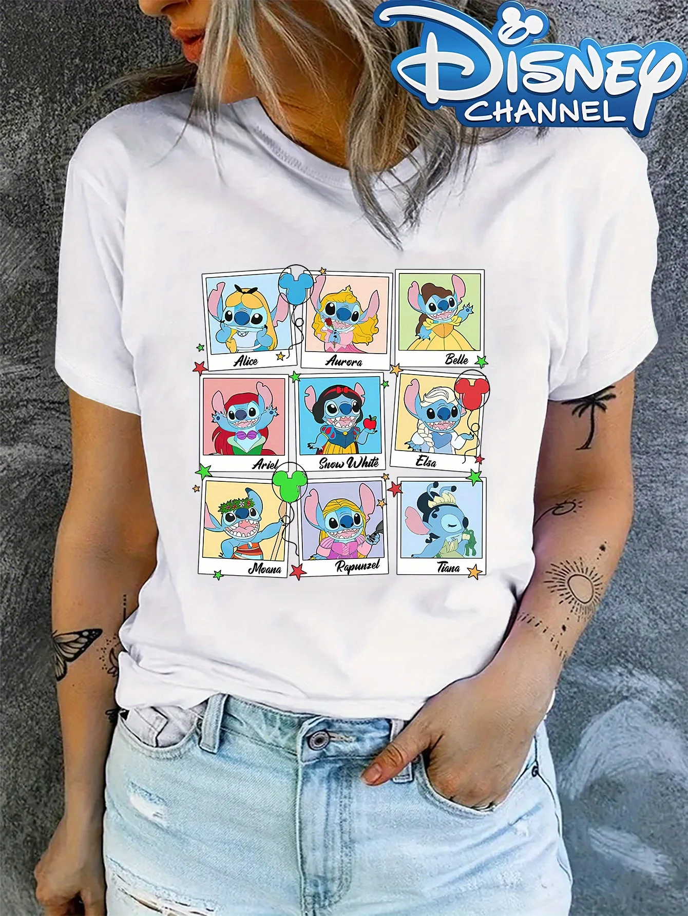 

Женская футболка с узором принцессы-трансформеры Диснея — вдохновленная звездным переодеванием. Дизайн 6-х стилей принцессы.