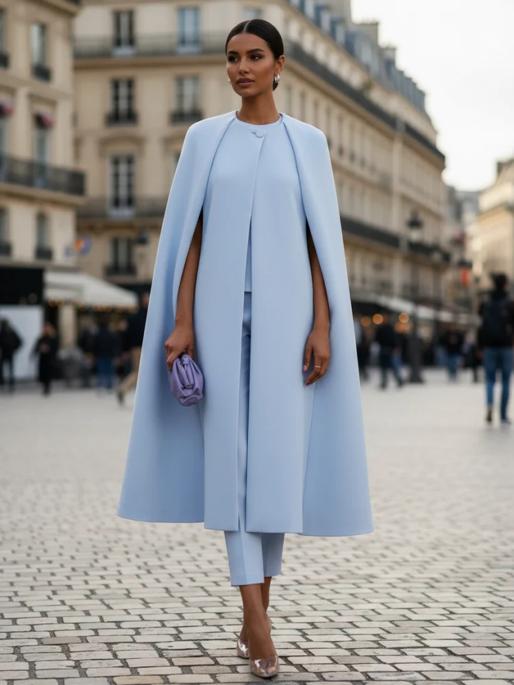 

Freeacy Women's Autumn Elegant Clothes Round Neck Long Cape Outerwear & High Waist Pants Solid Color Party Wear Two-piece Sets