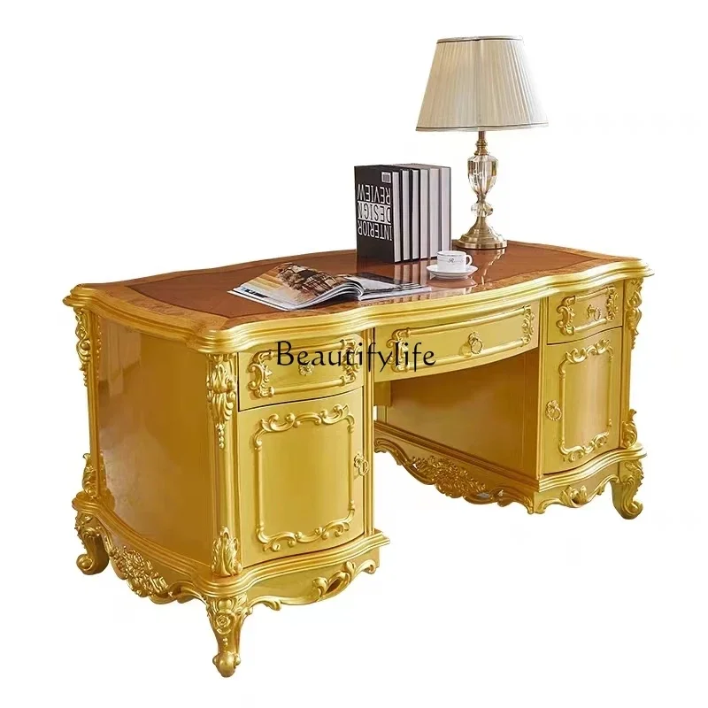 

European desk American luxury solid wood carving flower retro gold painting office study computer desk