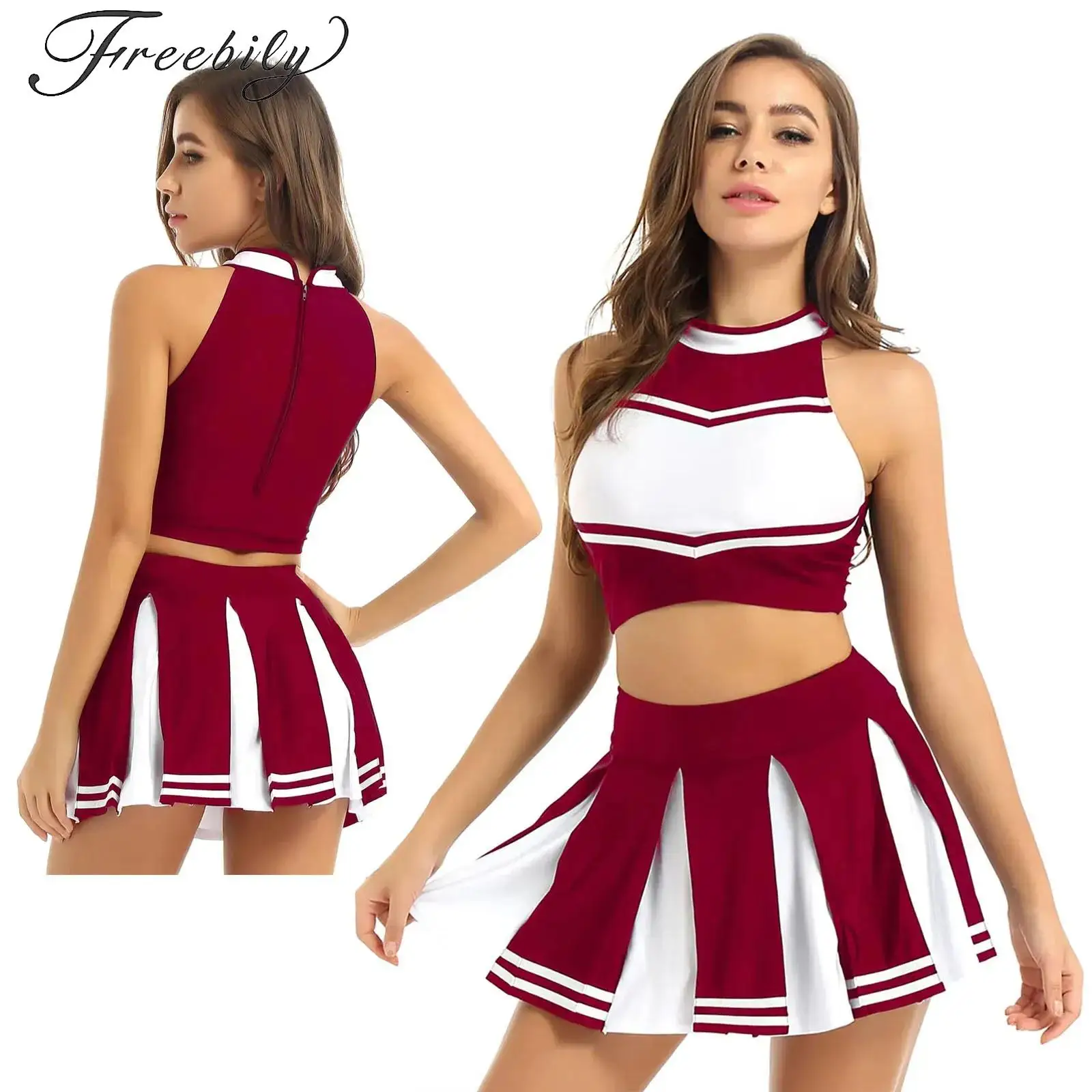 

Women Girl Student Cosplay Cheerleader Costume Sexy Cheerleading Uniform Outfit Sleeveless Crop Top with Skirt Dancewear Set