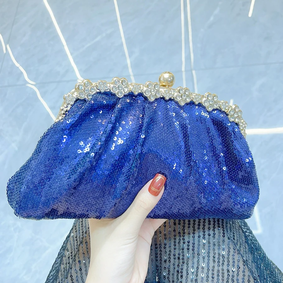 

Elegant Sequined Evening Shoulder Bags for Women Solid Color Ladies Clip Chain Crossbody Bag Casual Female Shell Handbags Purses