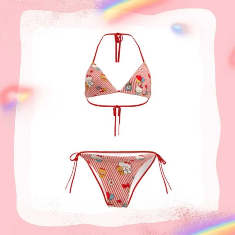

Bikini 2pcs Women Swimsuit Suit Sanrios Anime Y2K Hello Kitty Sexy Hot Girls Kitty Strap Underwear Bra Girls Beach Soft Swimsuit
