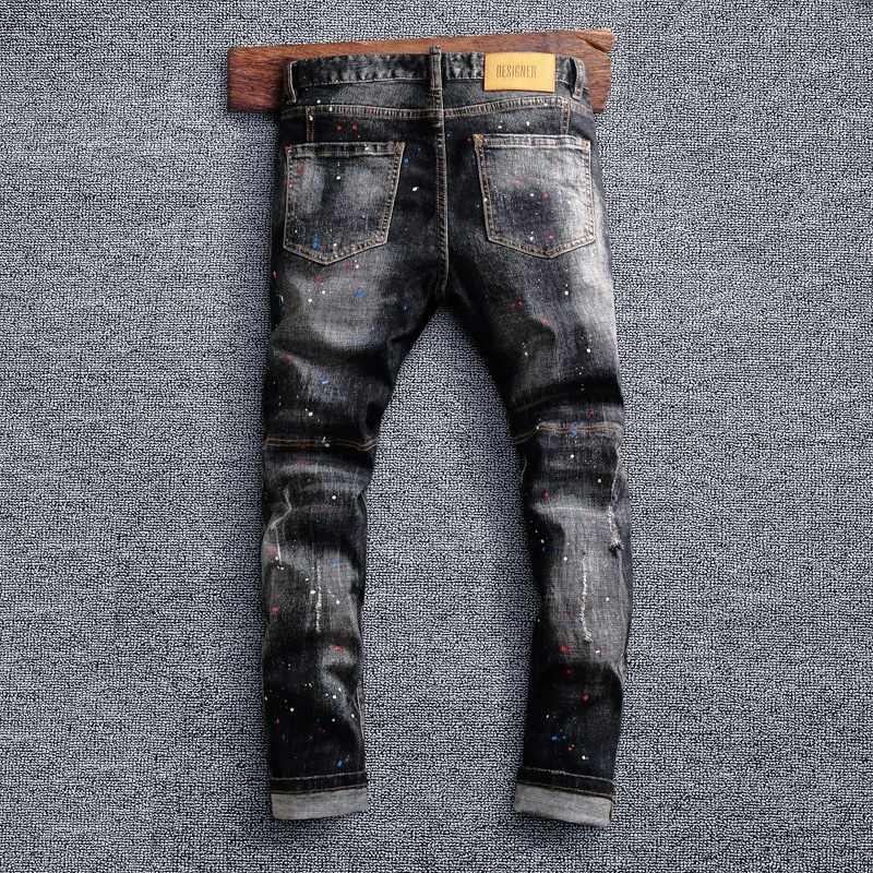Fashion Vintage Men Jeans Retro Black Gray Stretch Slim Fit Painted Ripped Jeans Men Pocket Designer Spliced Hip Hop Denim Pants