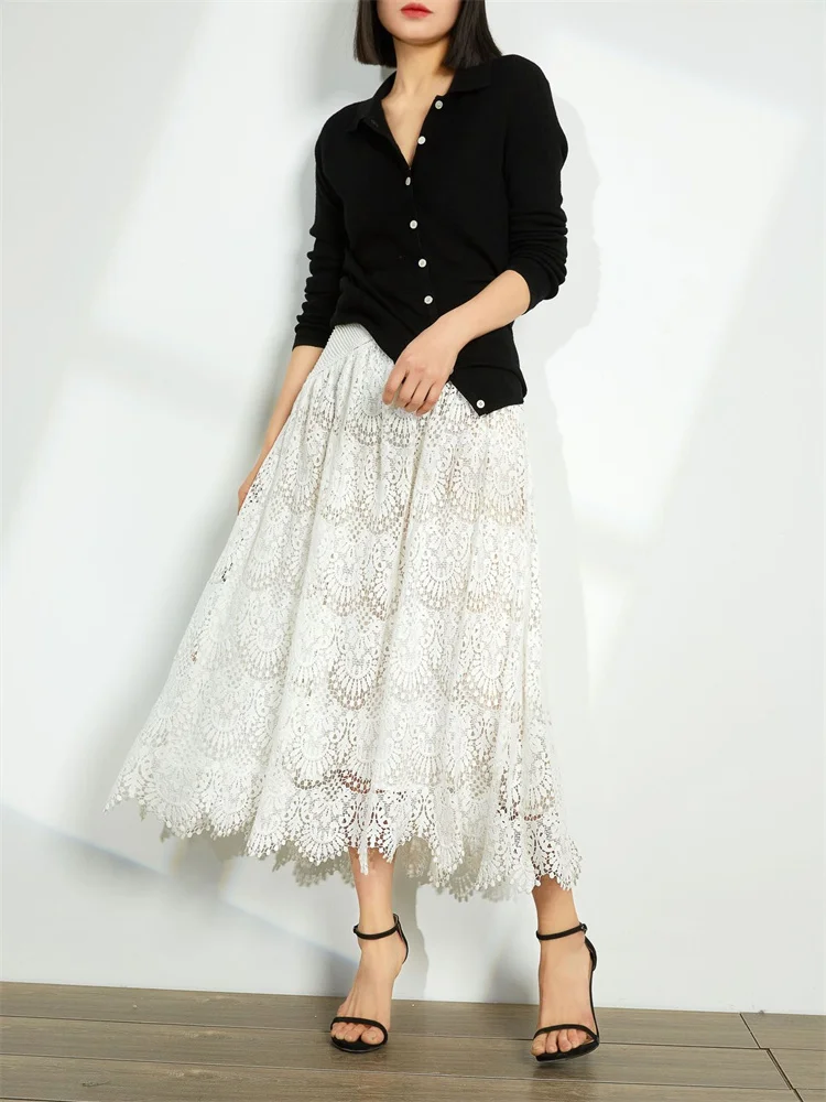 

Ladies 100% Cotton Solid Color Elegant Sweet Long Jupe Women Lace Embroidery Hollow Out Mid-Length Dress Summer 2024 New