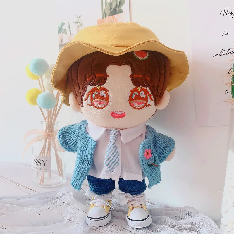 

20cm Kawaii Idol Doll Clothes Cartoon Yellow Hat Shoes White T-shirt Pants Tie Set Plush Doll Accessories Toys Girls Gifts