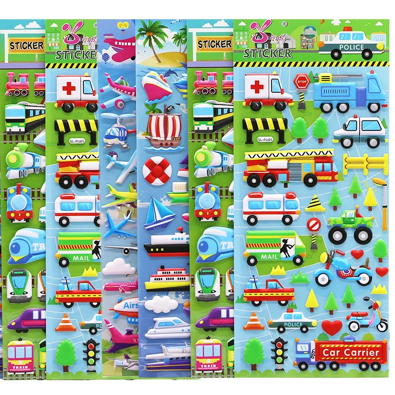 6 Sheets 3D Bubble Sticker Car Truck Plane Traffic Waterproof Cartoon Anime Stickers For Girl Boy Kids Funny Educational Toys