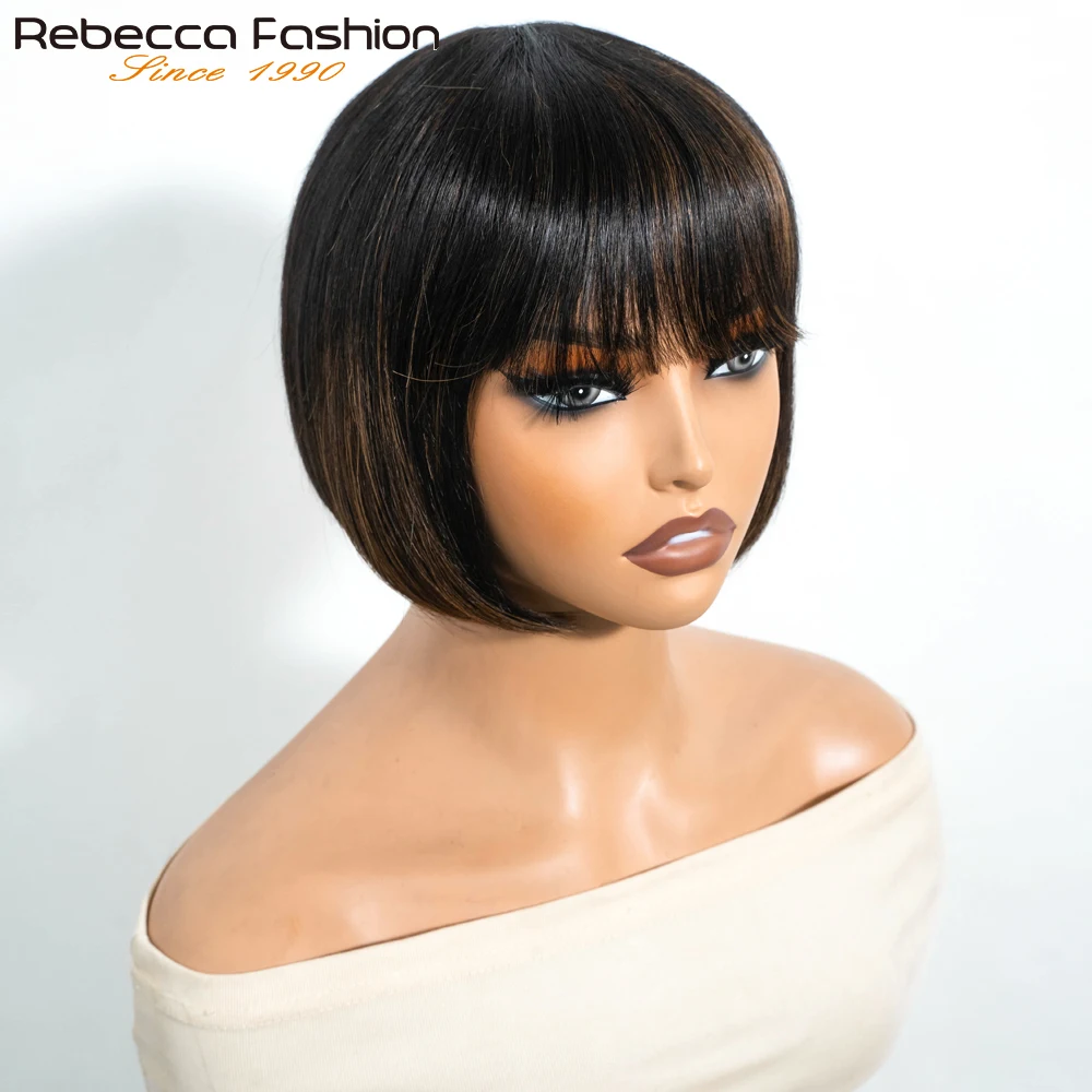 Rebecca Short Bob Wig With Bangs Brazilian Straight Hair Wigs Mixed Color 1B/30 Glueless Machine Made Human Hair Wig For Women