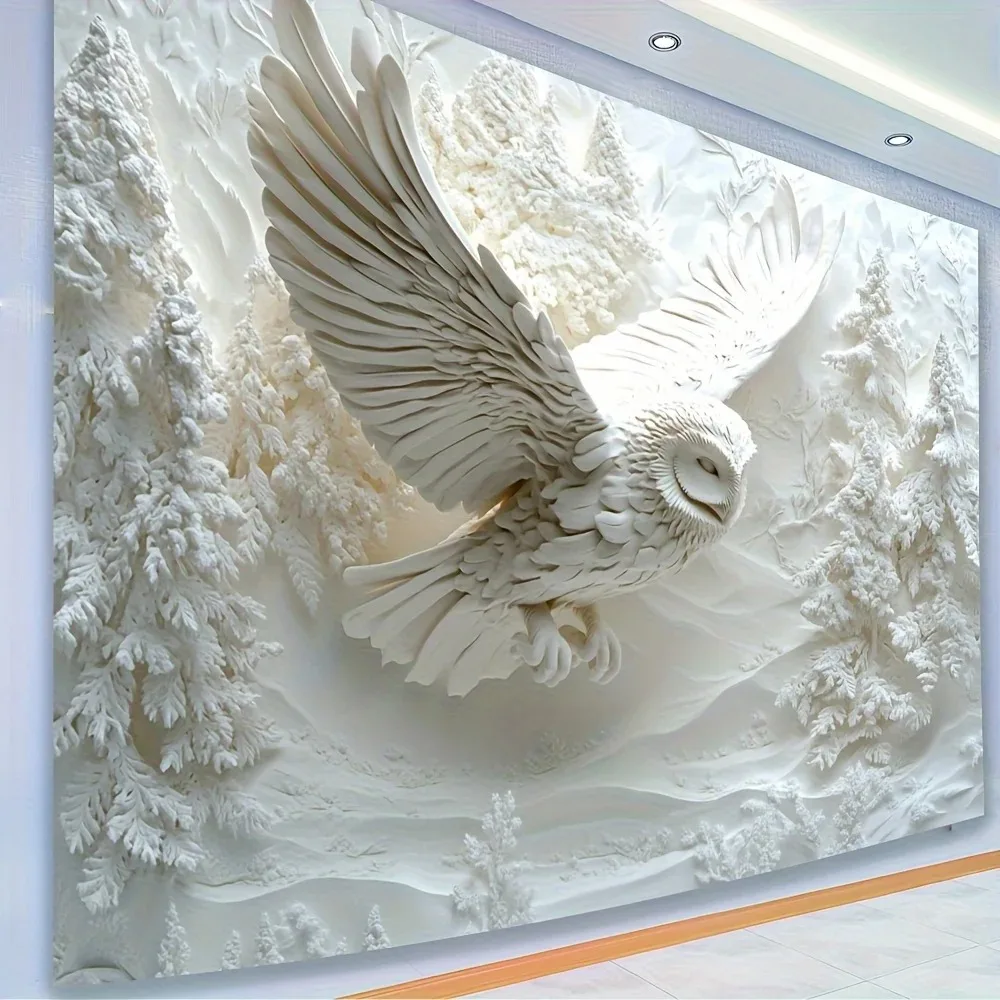 

Beautiful White Owl Relief Printed Tapestry With 3D Visual Effect, Home Decoration, Dormitory Wall Hanging Banner
