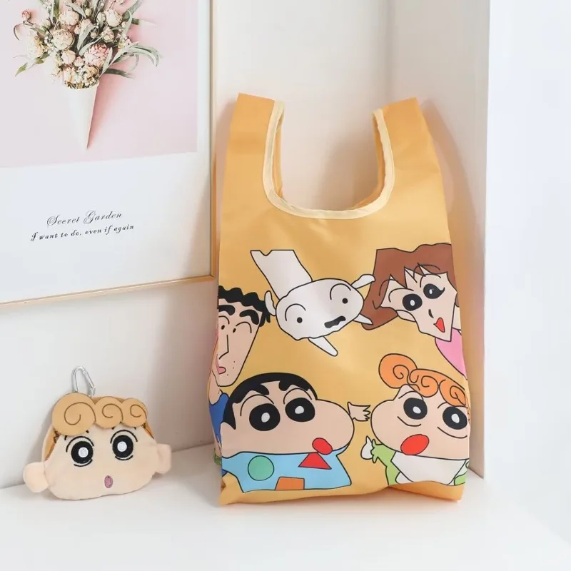 2 pçs conjunto crayon shin-chan dos desenhos animados sacola anime dobrável saco de compras portátil com bolsa moda grande capacidade bolsa