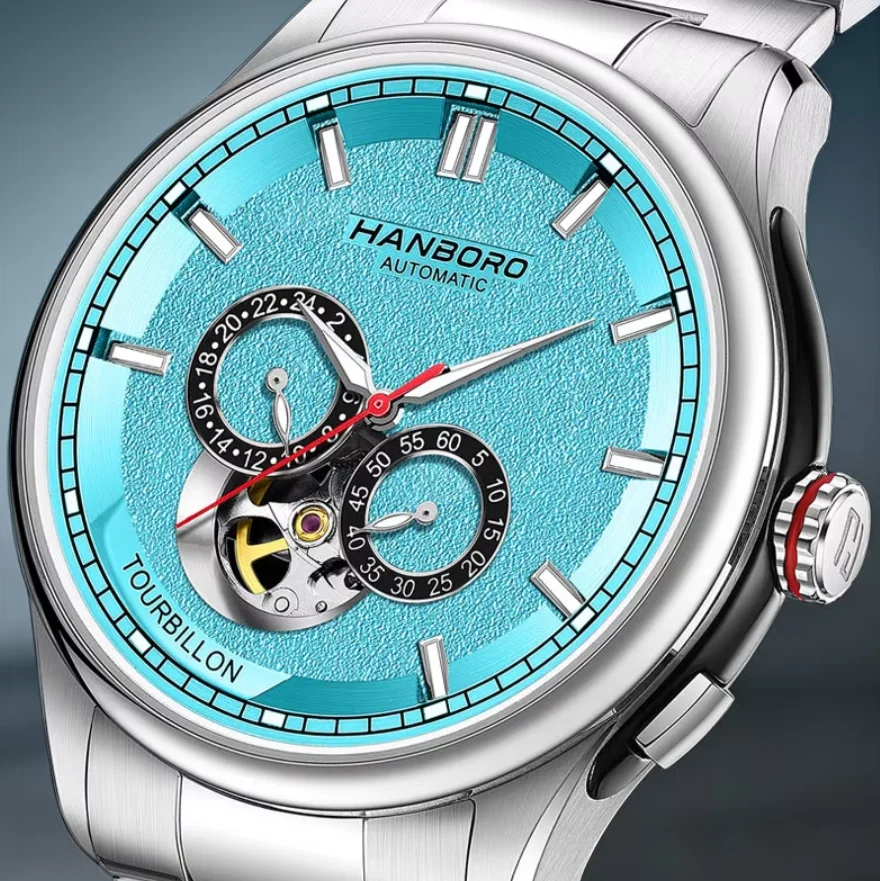 HANBORO Men Automatic Watch 41.5mm Mechanical Wristwatch 50m Waterproof Sapphire Mirror Luminous 24 Hours Small Second Dial