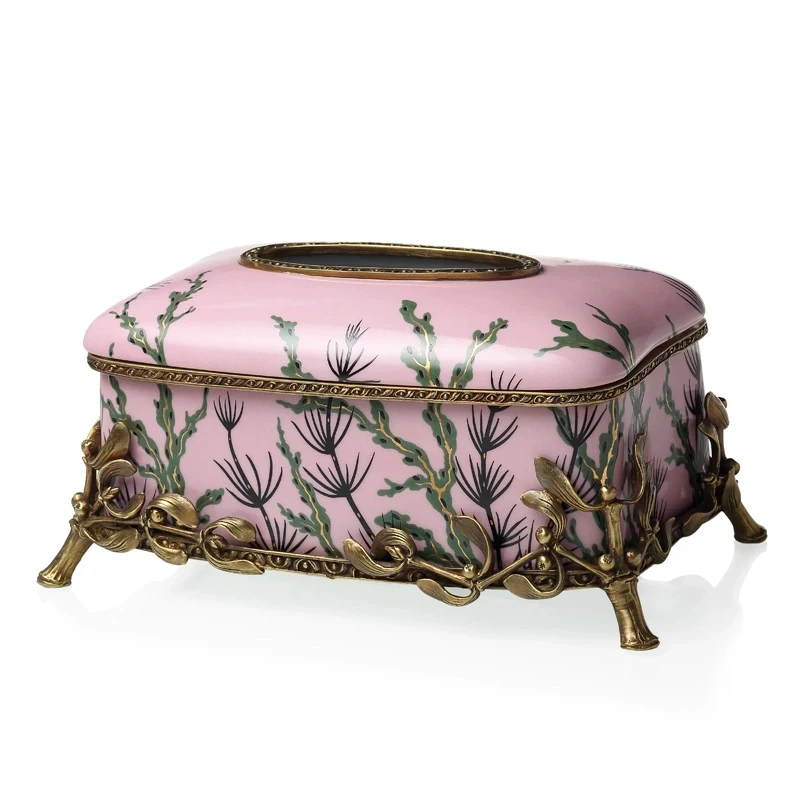 

European Porcelain Tissue Paper Box Cover With Brass Feet Rectangle Pink Sea Plant Design For Home Tabletop Decoration Lady Gift