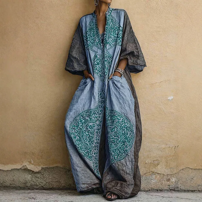 New Retro Geometric Print Jumpsuit Womens V Neck Batwing Sleeve Oversized Wide Leg Loose Romper Bohemian Holiday Casual Overalls