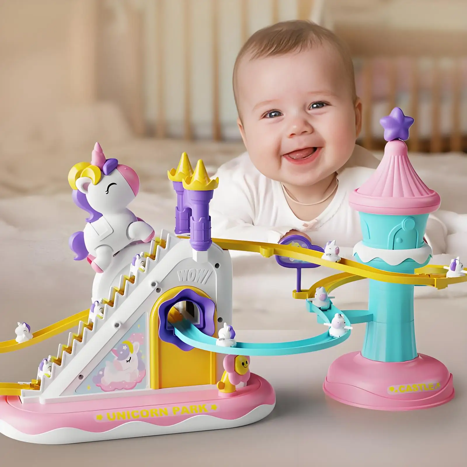 abs電動ユニコーントラックおもちゃ、ミニユニコーン3個、自動階段登り、ledミュージックキャッスルスライド、女の子へのプレゼント