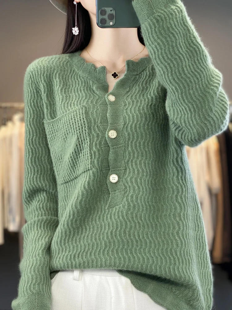 Women's Sweater Hollow Out O-neck Pullover 100% Merino Wool Knitwear Lace Collar Vintage Pocket Cashmere Spring Autumn Clothes