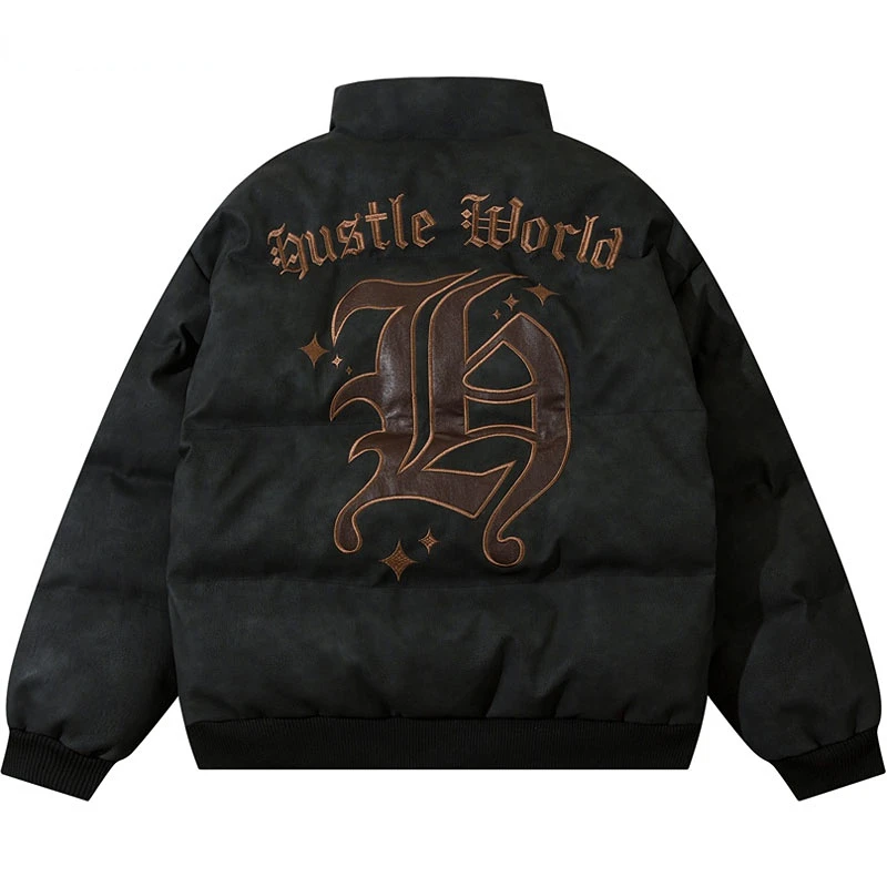 Winter Suede Leather Jacket Parkas Men Streetwear Hip Hop Embroidery Letter Patch Thicken Warm Padded Coats Vintage Jackets