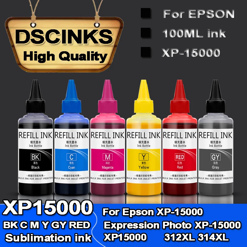 100ml x 6PC Sublimation Ink 6 Bottles For Epson XP-15000 XP15000 312XL 314XL Expression Photo HD XP-15000 XP-15010 15080 Printer