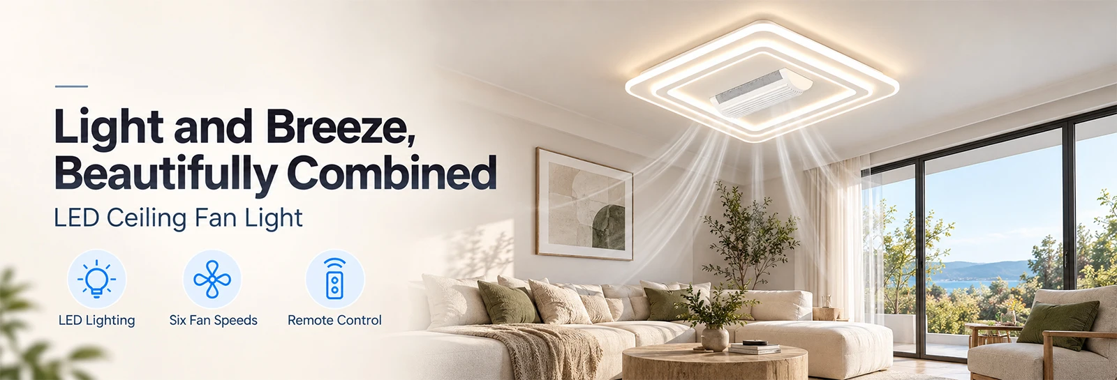 Quadratische Deckenlampe mit Ventilator, moderner, blattloser, intelligenter Lüftungsventilator, Fernbedienung, Dimmbarkeit, 6 Geschwindigkeiten, Heimdekoration, cooler Deckenventilator mit Licht. – Detail 2