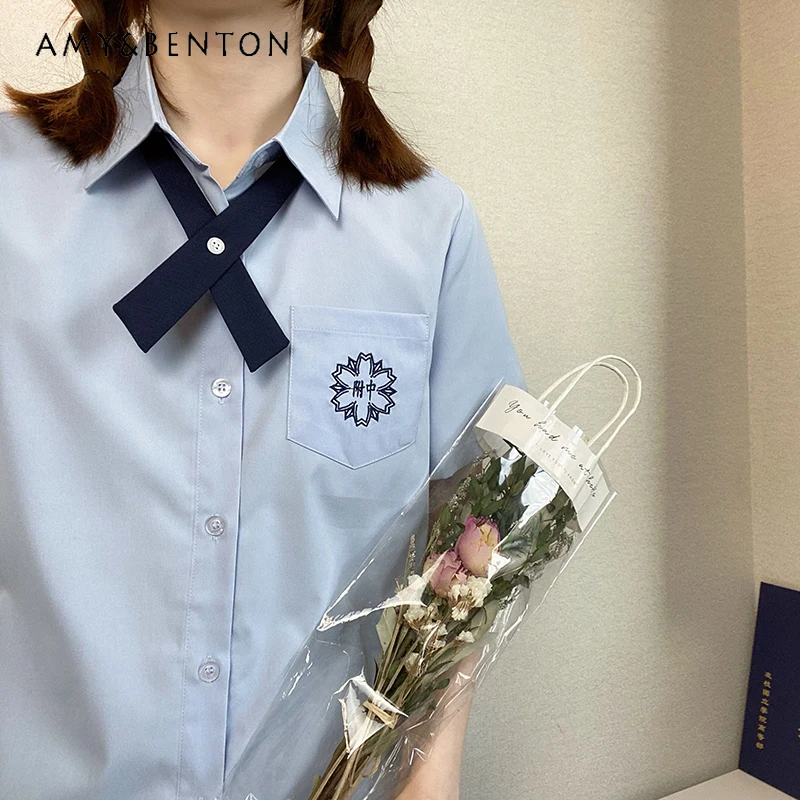 

Japanese Original College Style Summer Blue Purple Black White Apricot Short Sleeved Lapel Embroidered Slim-Fit Shirt For Girls