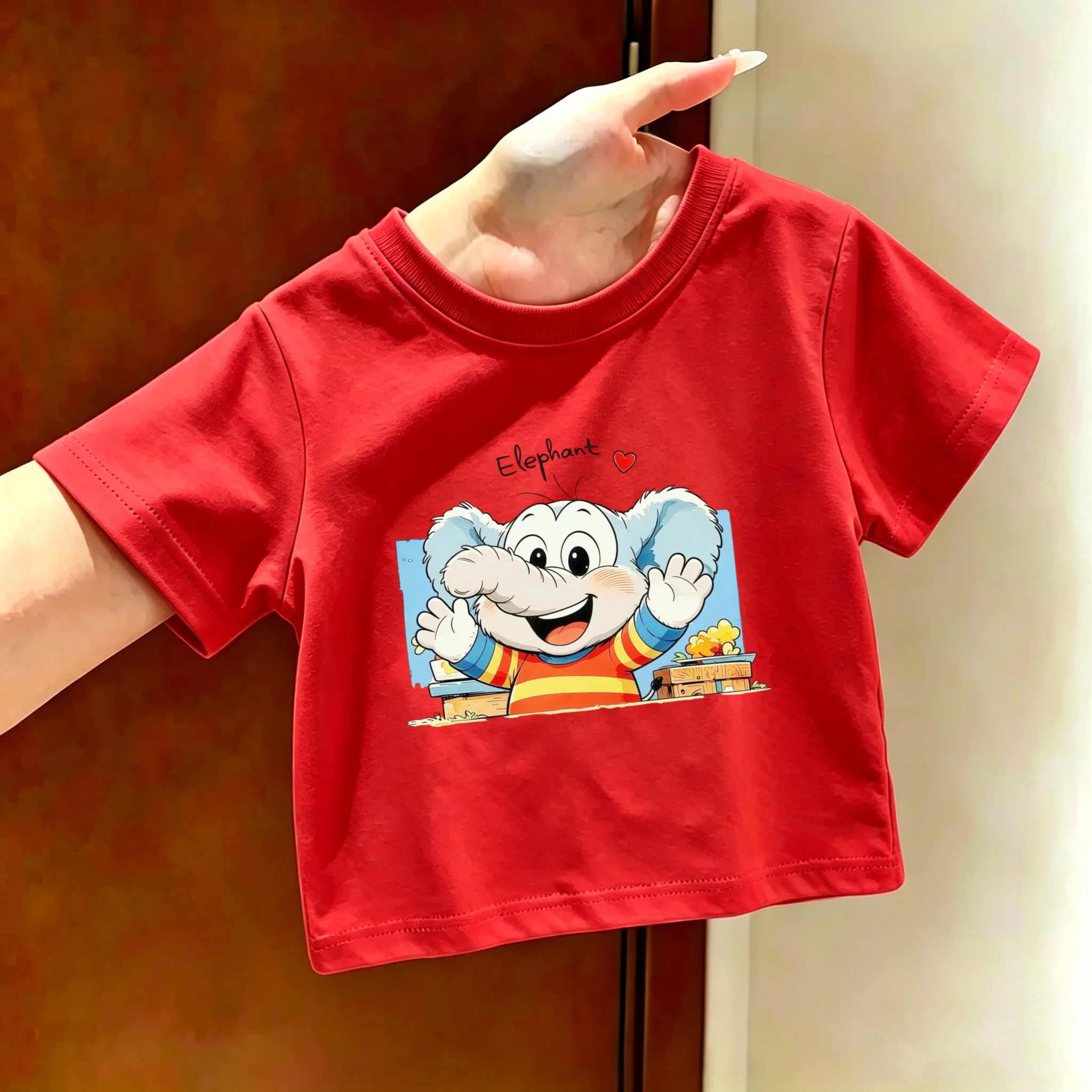 Cute Elephant Summer Cartoon Printed Children's Short Sleeve Daily T-shirt Round Neck Stylish Versatile Casual Top