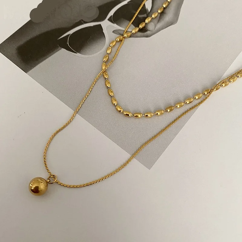ANENJERY 316L Stainless Steel Double Layer Round Beads Pendant Necklace for Women Fashion Temperament Jewelry Accessory