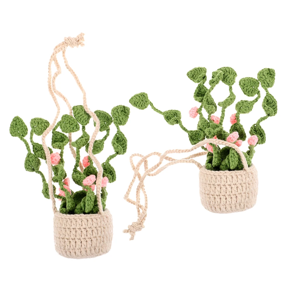 

2Pcs Crochet Car Mirror Ornament Handmade Potted Plant Decor Rearview Mirror Charm Boho Car Interior Accessories
