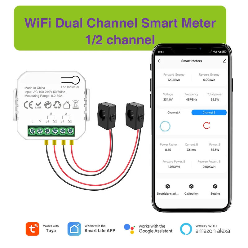 Tuya Smart Life WiFi Energy Meter 120A Bidirectional 2 Channel with Clamp App Monitor Solar Export and Import Power AC110V/240V