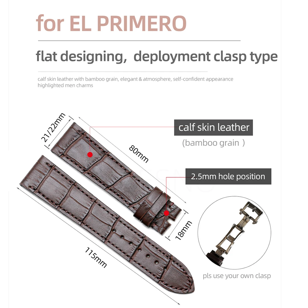 Suitable for Zenith EL PRIMERO Men Watch Genuine Calf Skin Leather Bamboo Grain 21mm22mm Bands Black Dark Brown Blue Straps