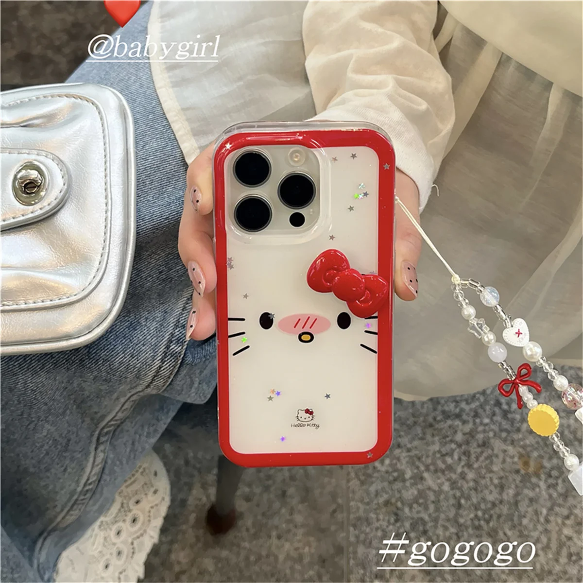 

Korean Glitter Hellokitty Expression Phone Case For iPhone 16 Pro 15 14 Pro Max Back Cover with Chain Cartoon Cases