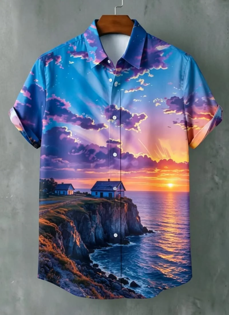 Men's Scenic Landscape Print Vacation Shirt， for Outdoor Trips, Nature Walks, Casual Gatherings and Laid-Back Weekend Plans