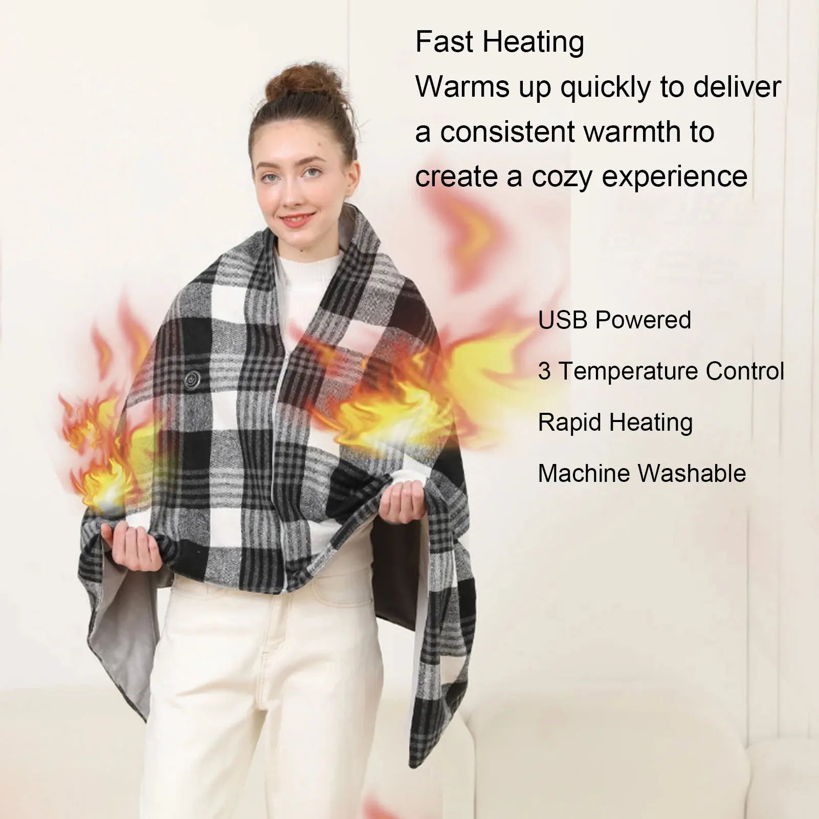 

USB Heated Shawl Comfortable Warm Wearable Electric Heating Blanket 3 Temperature Settings for Winter Home Office