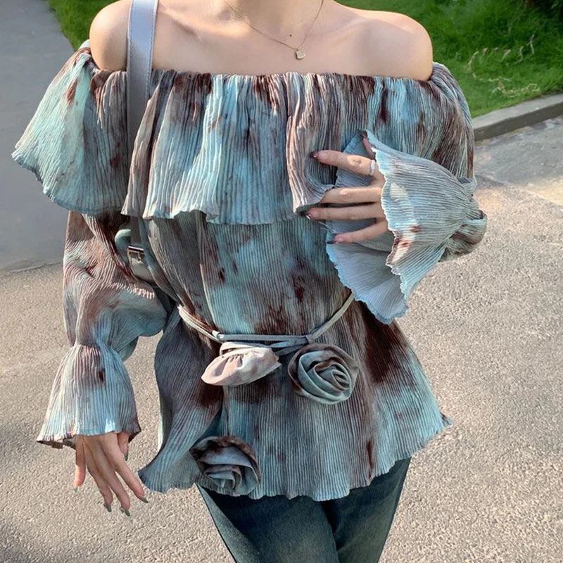 

Oversized Vintage Tie Dye Ruffles Gradient Color Lacing Loose Slash Neck Long Sleeve Blouse Femme Fashion Pleated Trend Top Tee