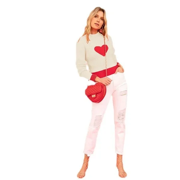 2024 Winter New Product Valentine's Day Love High Neck Knitwear Foreign Trade Pullover Bottom Sweater for Women SFC20-3
