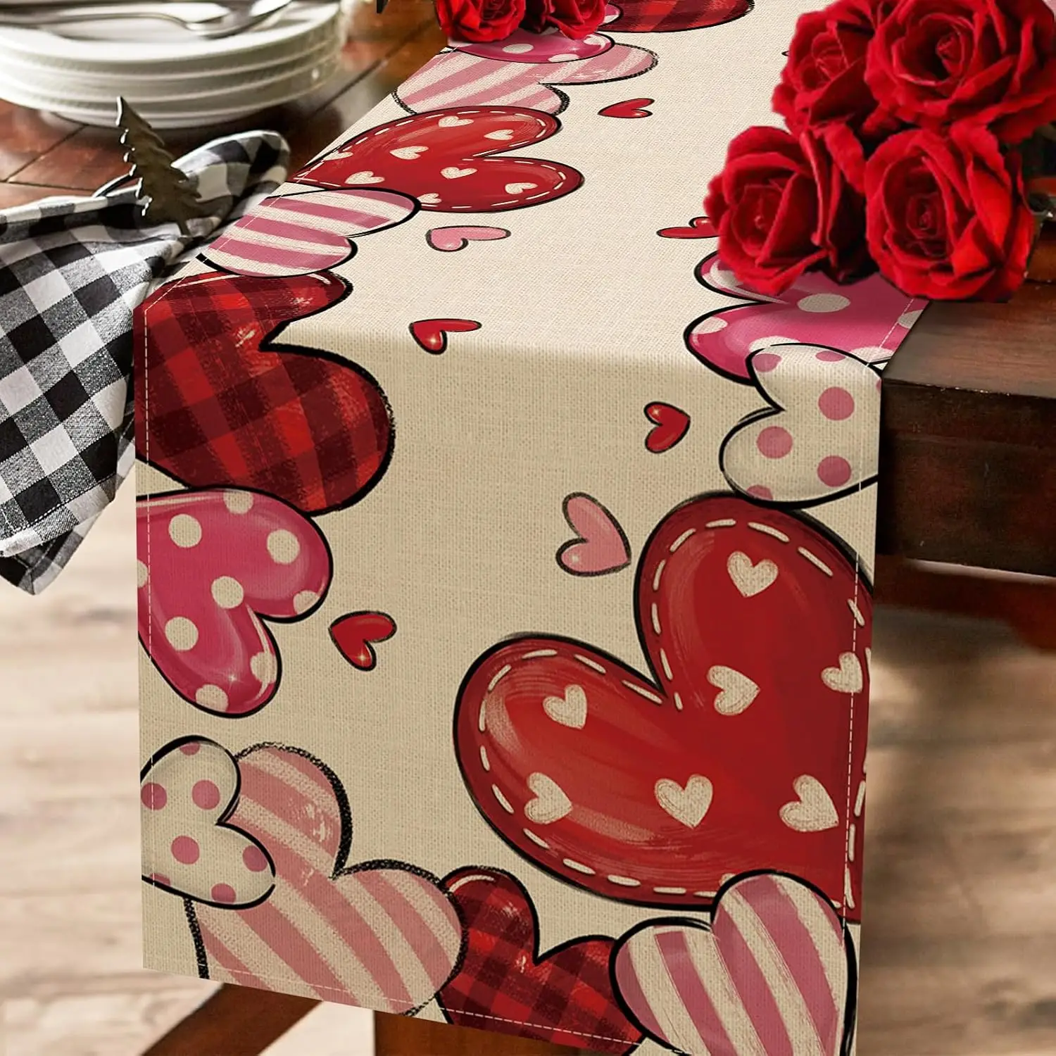 Valentine's Day Pink Red Love Hearts Table Runner Table Decor Reusable Kitchen Dining Table Runner Wedding Party Decorations