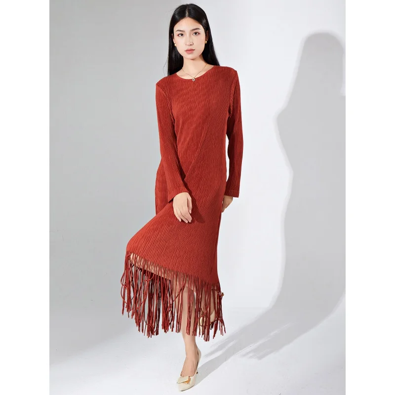 MIYAKE Pleated Style New high-end women knitted design sense dress niche loose round neck long sleeved tassel [23109zsj-Z7098]