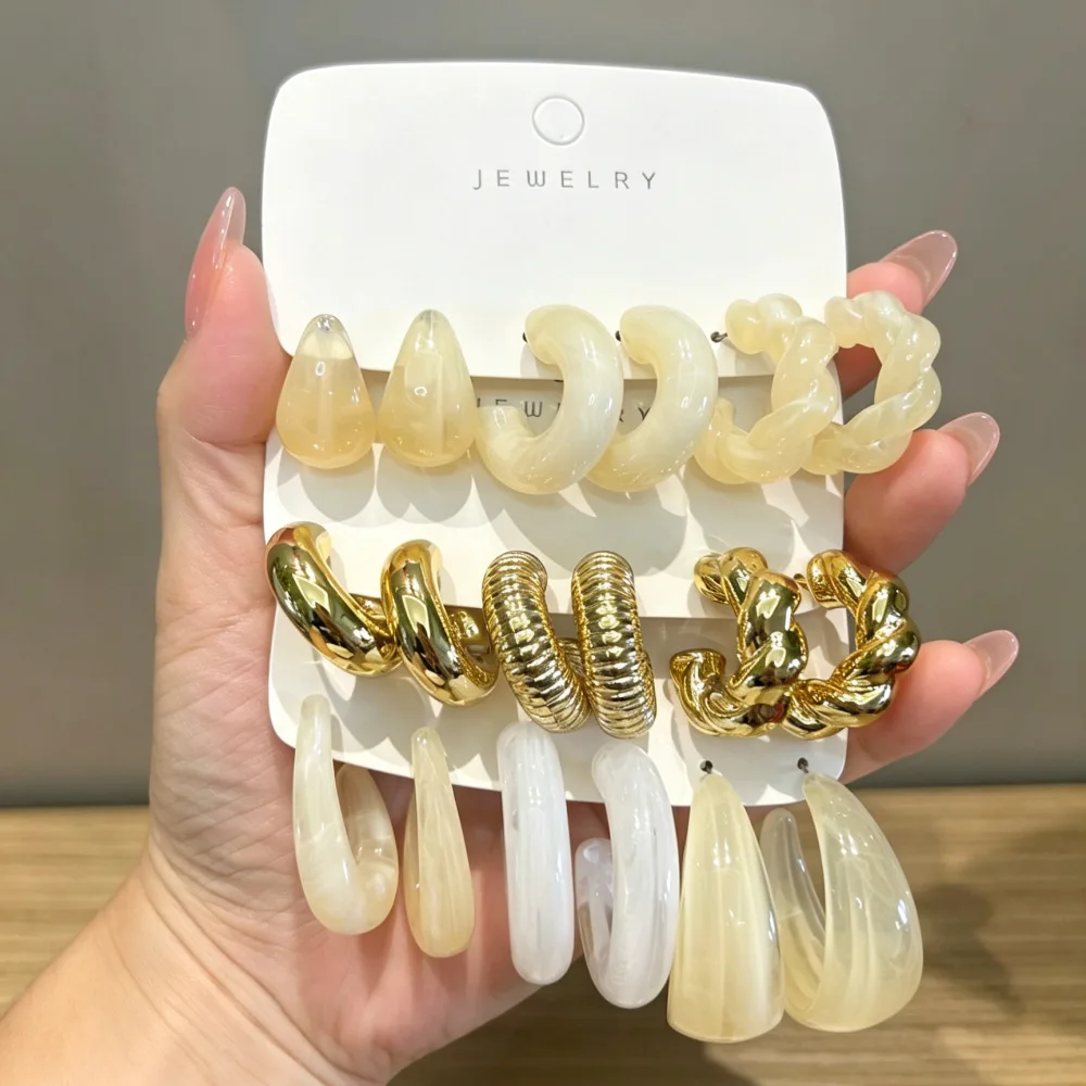 9 Pairs/Set Minimalist C-shaped Resin Stud Earrings for Women Vintage Twisted Acrylic Ear Studs Daily Party Ear Jewelry Sets