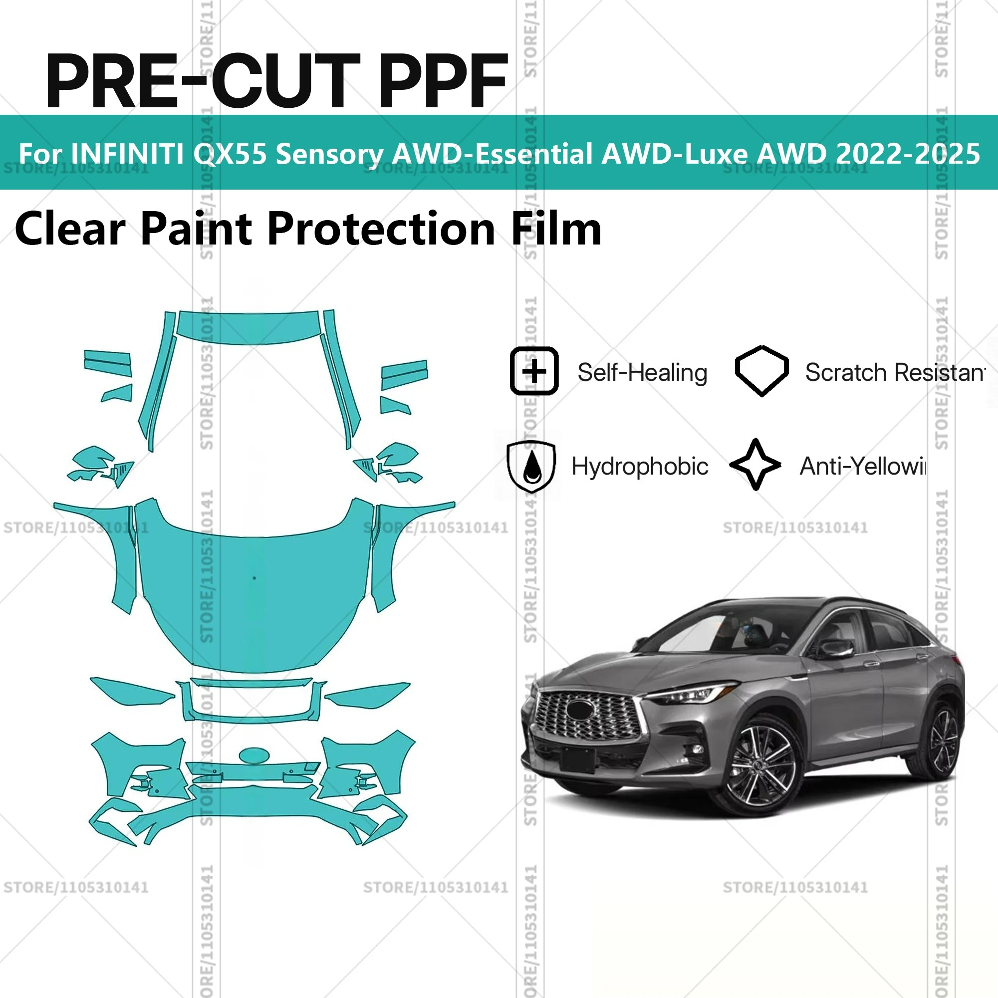 

Предварительно нарезанная прозрачная защитная пленка PPF для автомобилей INFINITI QX55 Sensory AWD-Essential AWD-Luxe AWD 2022-2025