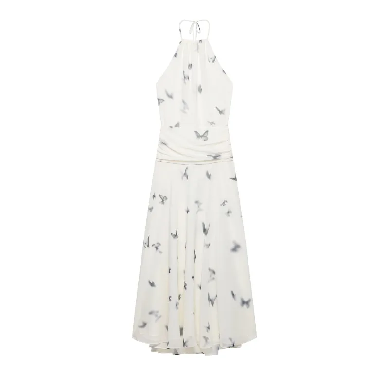 

Elegant Butterfly Print Dress Sexy Hanging Collar Long Dresses for Women Sagging Sense Fashion New Party Dresses for Summer
