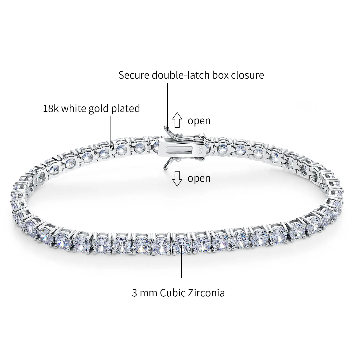 TKJ 3mm Tennis Bracelet Genuine 925 Sterling Silver Round Square CZ Cubic Zircon Jewelry Women Men\'s Bracelet Birthday Gift