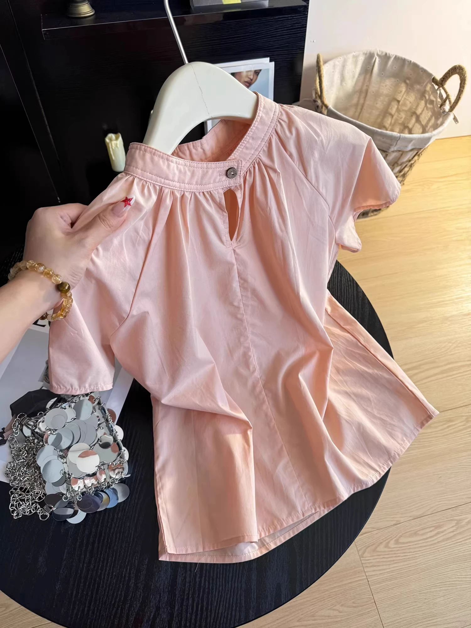 

Pink Stand Collar Short Sleeve Loose Women's Shirt Korean Style Casual Summer Top Age Reduction Fashion Ladies' Premium Clothing