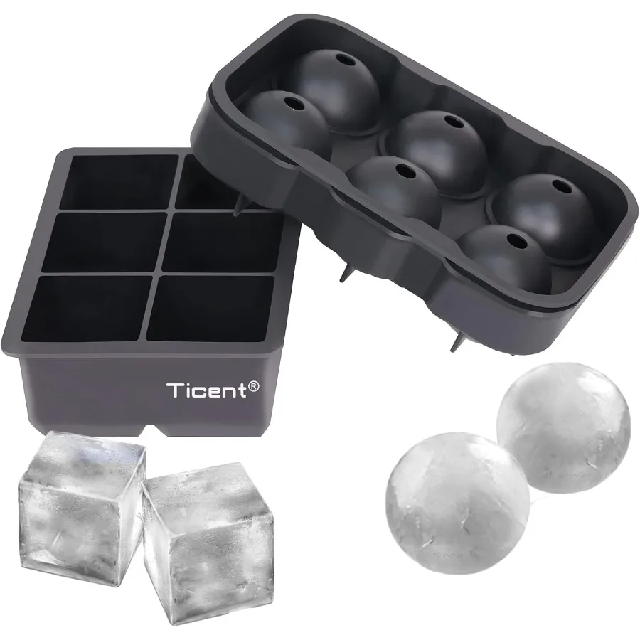 

Ice Cube Trays Set of 2 Silicone Sphere Whiskey Ice Ball Maker with Lids and Large Square Ice Cube Molds for Cocktails and Bour