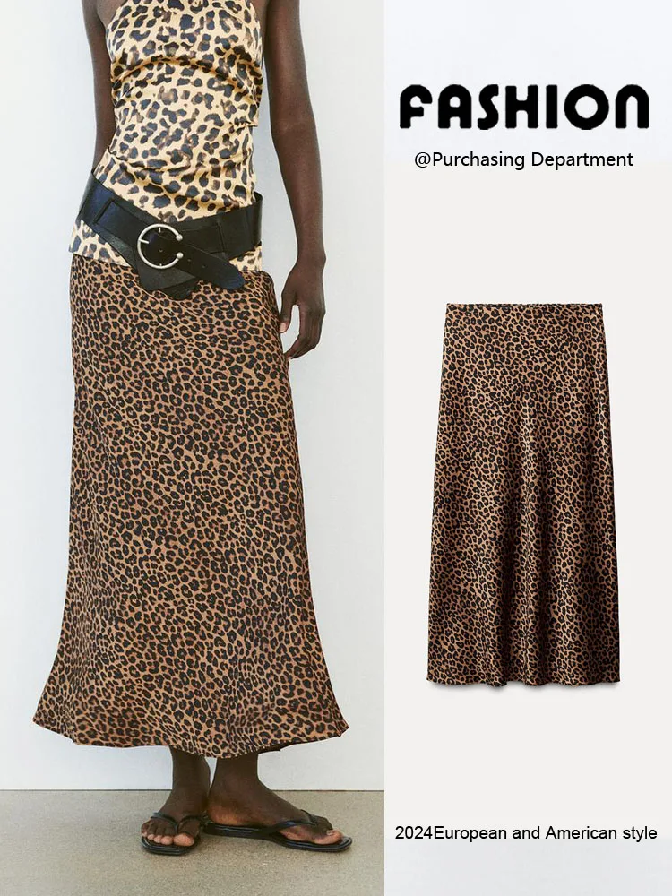 

Summer New Women's High Waist Slim Fit Silk Satin Texture Leopard Print Midi Skirt A-Line Commuter Sle Mid-Length A-ape