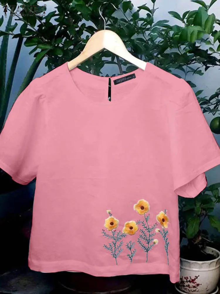 Zanzea Frauen Blumen stickerei Bluse Kurzarm Mode Sommer o Hals Hemd Freizeit jeden Tag lässig einfarbig Tunika Tops