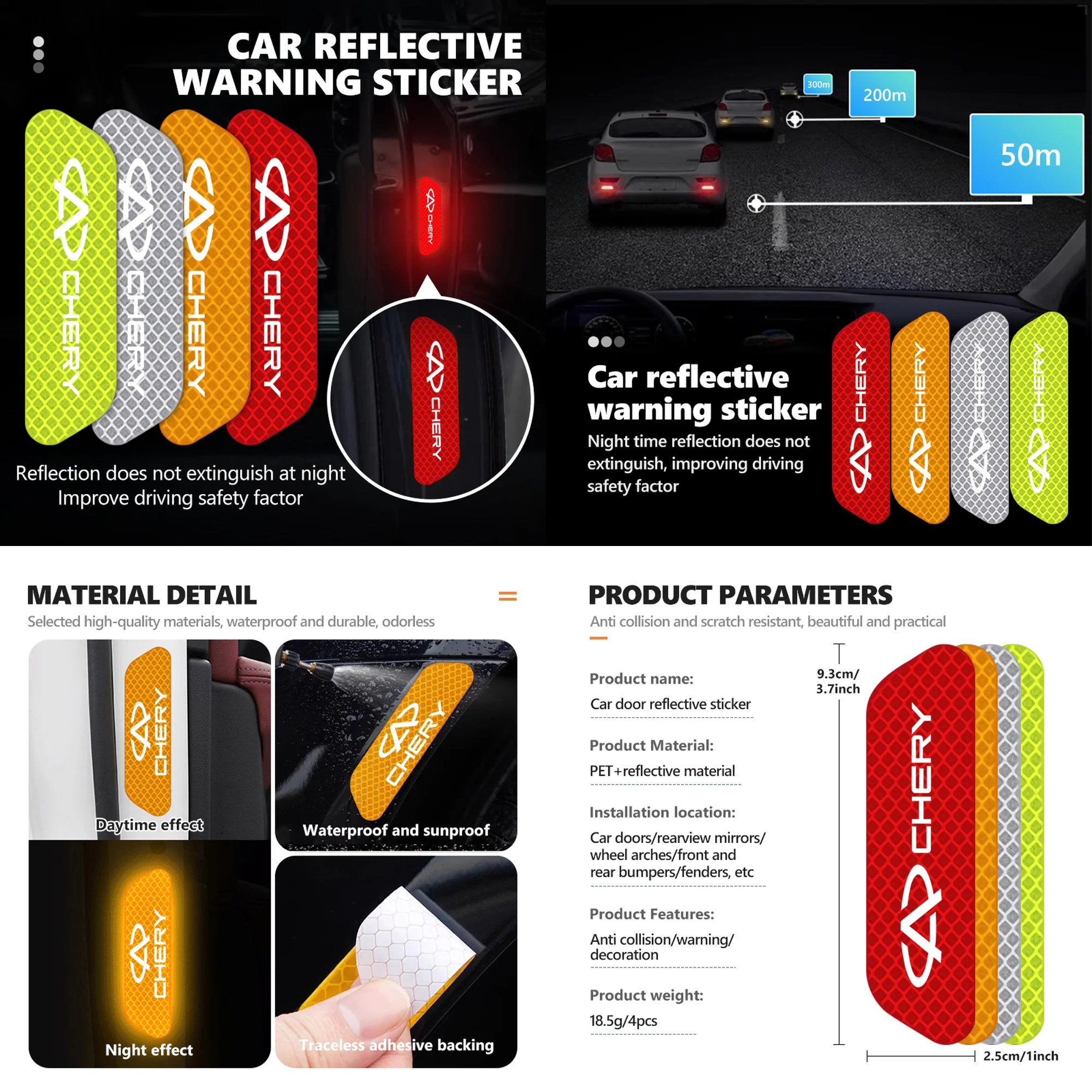 Car night reflective door sticker safety warning decal accessories suitable for Chery OMODA JAECOO Jetour Exeed